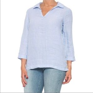 Tahari 100% Linen 3/4 Sleeve Blue Tunic Shirt Blouse Women’s Size Small